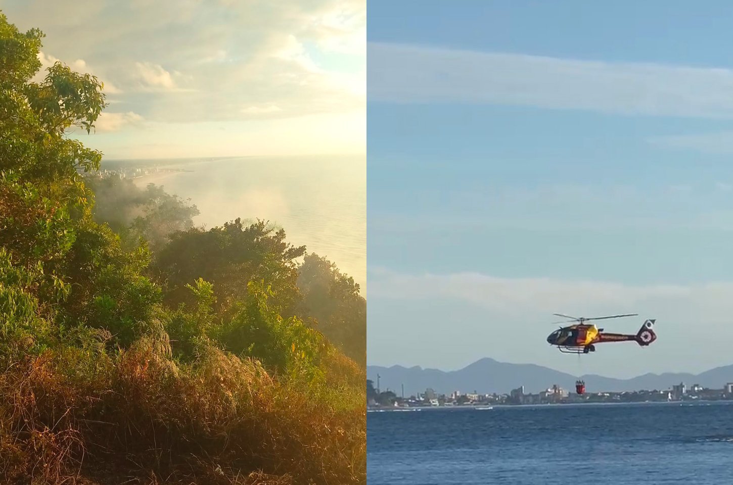 Bombeiros combatem incêndio em vegetação no Morro do Boi, em Matinhos
