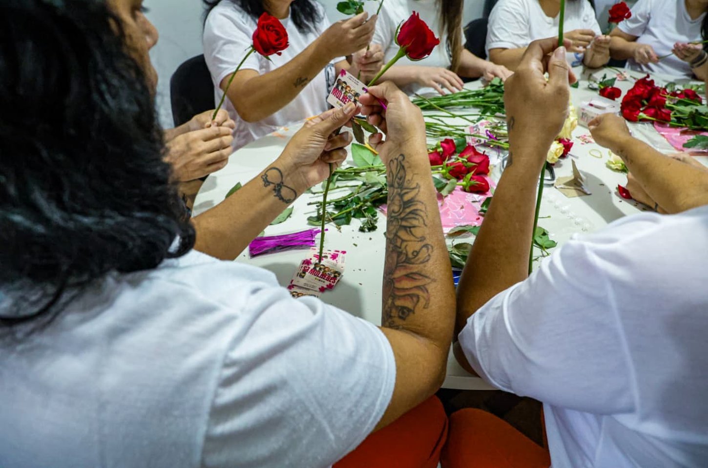 Mulheres privadas de liberdade preparam rosas para ação contra violência de gênero