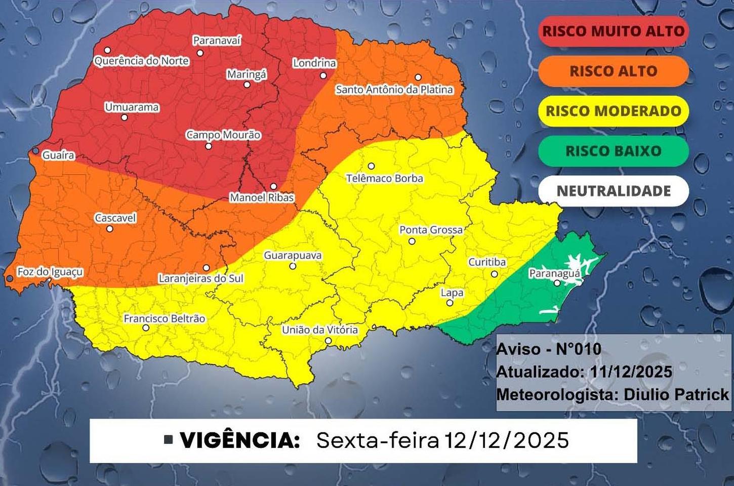 Novo sistema de baixa pressão ameaça o Paraná com tempestades severas