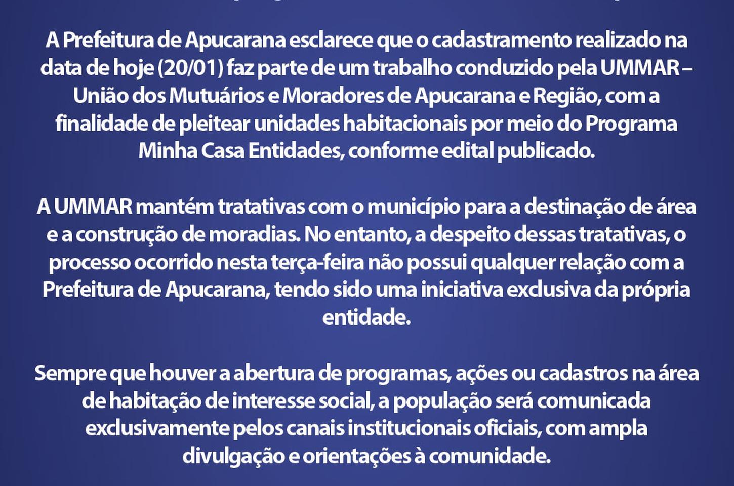 Prefeitura de Apucarana esclarece que cadastro habitacional é iniciativa da UMMAR