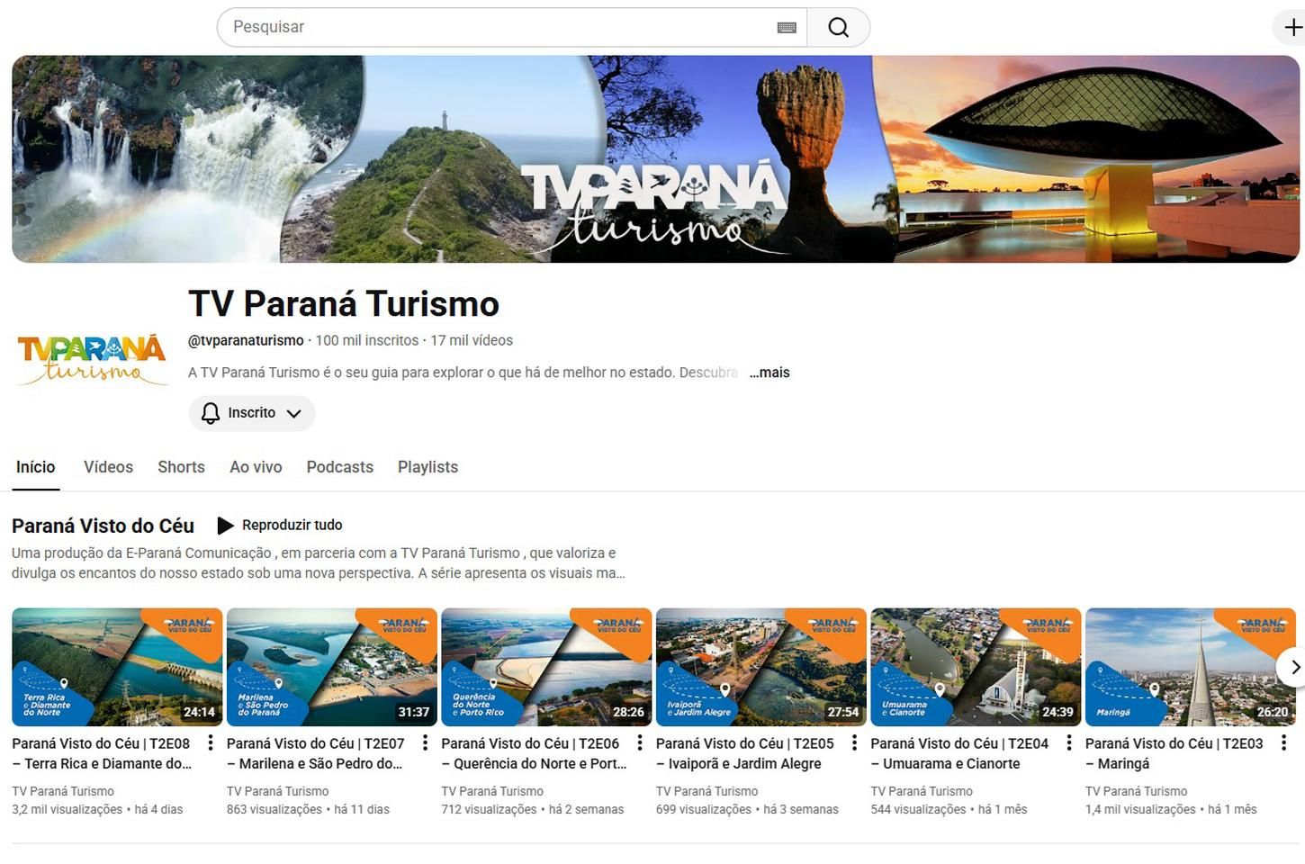 TV Paraná Turismo celebra 100 mil inscritos no YouTube